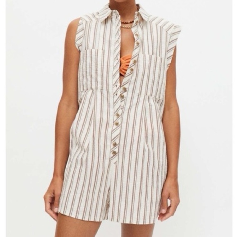 Urban outfitters tan and brown striped collared romper